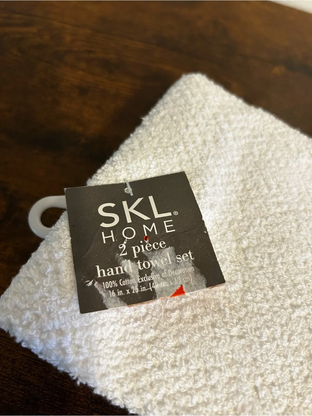 White Hand Towel with Gray Dog and Peach Hearts